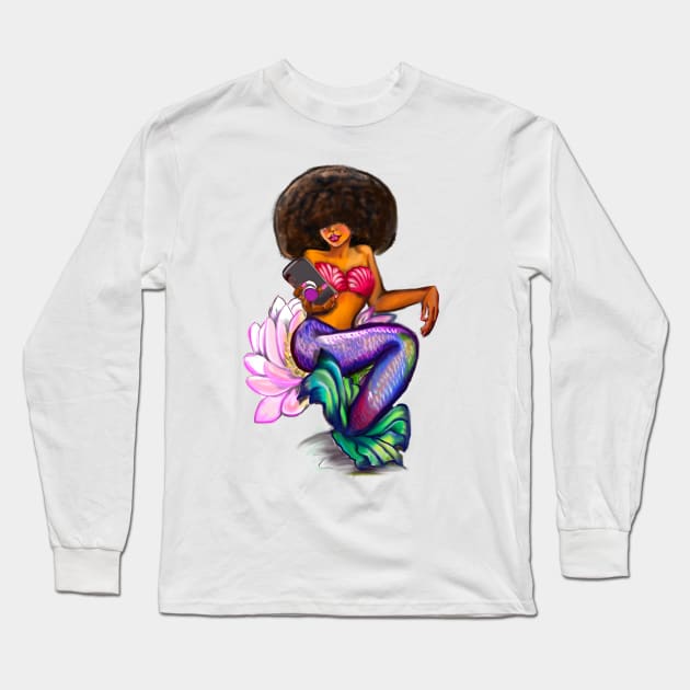 Mermaid Afro Mermaid on phone sitting on Lilly flower - Coco the Magical rainbow mermaid and phone - brown eyes, Afro hair in two puffs and caramel brown skin - light background Long Sleeve T-Shirt by Artonmytee